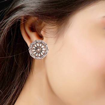 Silver Oxidized Kundan Studded Meena Work Designer Circular Stud Earrings for   3