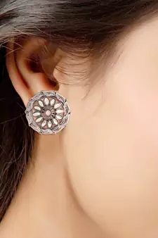 Silver Oxidized Kundan Studded Meena Work Designer Circular Stud Earrings for  