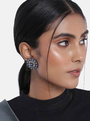 Silver Oxidized Kundan Studded Meena Work Designer Circular Stud Earrings for  (E2935ZBl) 1