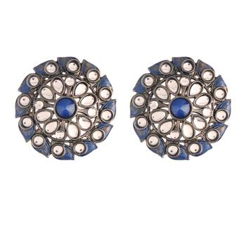 Silver Oxidized Kundan Studded Meena Work Designer Circular Stud Earrings for  (E2935ZBl) 2