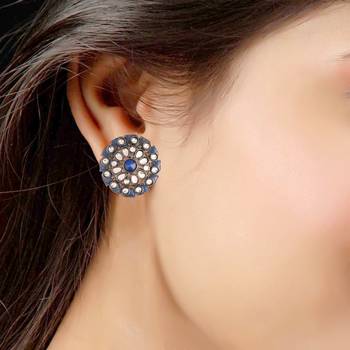 Silver Oxidized Kundan Studded Meena Work Designer Circular Stud Earrings for  (E2935ZBl) 3