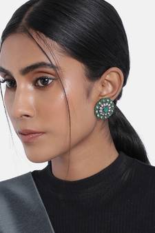 Silver Oxidized Kundan Studded Meena Work Designer Circular Stud Earrings for  (E2935ZG)