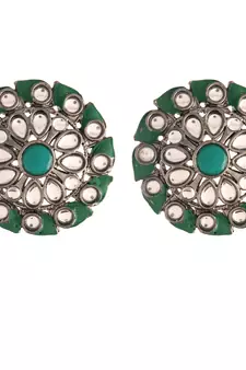 Silver Oxidized Kundan Studded Meena Work Designer Circular Stud Earrings for  