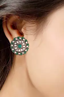Silver Oxidized Kundan Studded Meena Work Designer Circular Stud Earrings for  