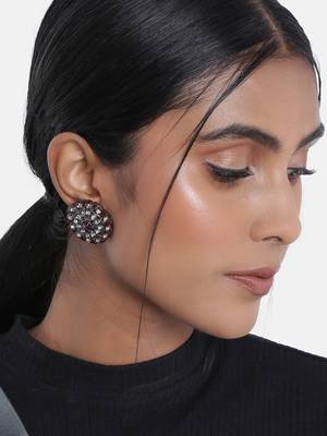 Silver Oxidized Kundan Studded Meena Work Designer Circular Stud Earrings for   1