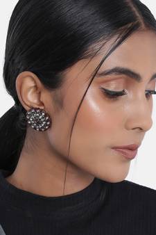 Silver Oxidized Kundan Studded Meena Work Designer Circular Stud Earrings for  (E2935ZM)