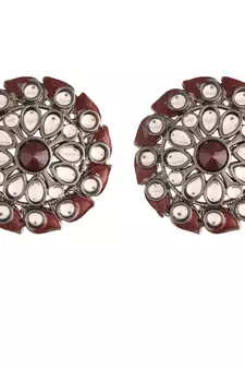 Silver Oxidized Kundan Studded Meena Work Designer Circular Stud Earrings for  
