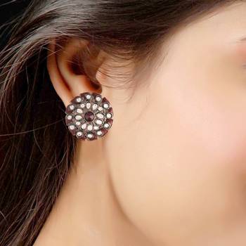 Silver Oxidized Kundan Studded Meena Work Designer Circular Stud Earrings for   3