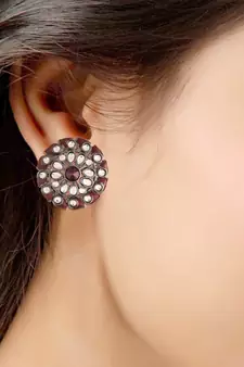 Silver Oxidized Kundan Studded Meena Work Designer Circular Stud Earrings for  