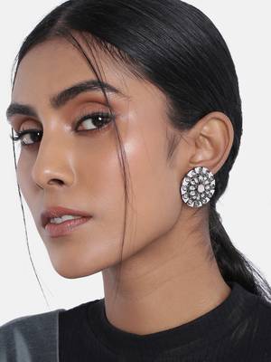 Silver Oxidized Kundan Studded Meena Work Designer Circular Stud Earrings for  (E2935ZPi) 1
