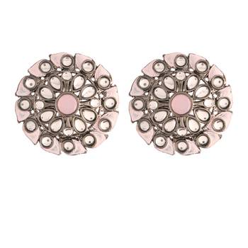 Silver Oxidized Kundan Studded Meena Work Designer Circular Stud Earrings for  (E2935ZPi) 2