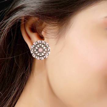 Silver Oxidized Kundan Studded Meena Work Designer Circular Stud Earrings for  (E2935ZPi) 3