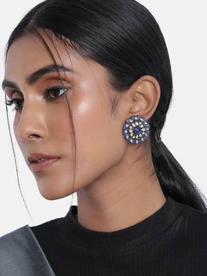 Silver Oxidized Kundan Studded Meena Work Designer Circular Stud Earrings for  (E2936ZBl) 1