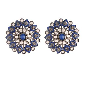 Silver Oxidized Kundan Studded Meena Work Designer Circular Stud Earrings for  (E2936ZBl) 2