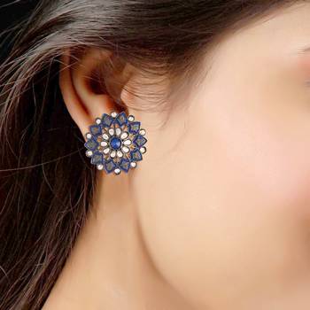 Silver Oxidized Kundan Studded Meena Work Designer Circular Stud Earrings for  (E2936ZBl) 3