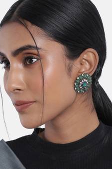 Silver Oxidized Kundan Studded Meena Work Designer Circular Stud Earrings for  (E2936ZG)