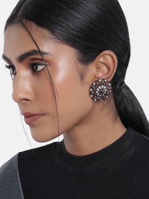 Silver Oxidized Kundan Studded Meena Work Designer Circular Stud Earrings for  (E2936ZM) 1
