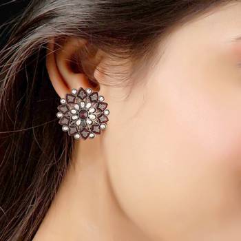 Silver Oxidized Kundan Studded Meena Work Designer Circular Stud Earrings for  (E2936ZM) 3