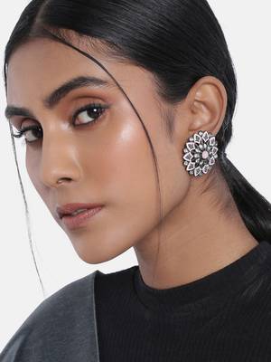 Silver Oxidized Kundan Studded Meena Work Designer Circular Stud Earrings for  (E2936ZPi) 1