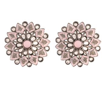 Silver Oxidized Kundan Studded Meena Work Designer Circular Stud Earrings for  (E2936ZPi) 2