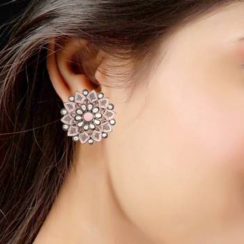 Silver Oxidized Kundan Studded Meena Work Designer Circular Stud Earrings for  (E2936ZPi) 3