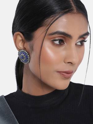 Silver Oxidized Kundan Studded Meena Work Designer Circular Stud Earrings for   1