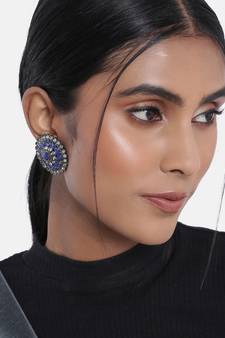 Silver Oxidized Kundan Studded Meena Work Designer Circular Stud Earrings for  (E2937ZBl)