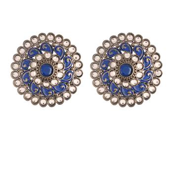 Silver Oxidized Kundan Studded Meena Work Designer Circular Stud Earrings for   2