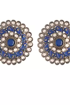 Silver Oxidized Kundan Studded Meena Work Designer Circular Stud Earrings for  