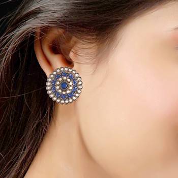 Silver Oxidized Kundan Studded Meena Work Designer Circular Stud Earrings for   3
