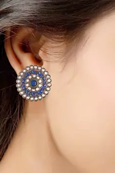 Silver Oxidized Kundan Studded Meena Work Designer Circular Stud Earrings for  