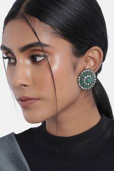 Silver Oxidized Kundan Studded Meena Work Designer Circular Stud Earrings for  (E2937ZG)