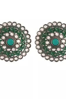 Silver Oxidized Kundan Studded Meena Work Designer Circular Stud Earrings for  