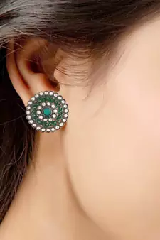 Silver Oxidized Kundan Studded Meena Work Designer Circular Stud Earrings for  