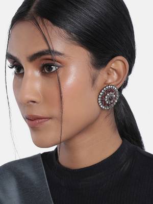 Silver Oxidized Kundan Studded Meena Work Designer Circular Stud Earrings for   1