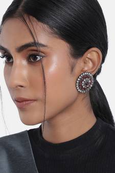 Silver Oxidized Kundan Studded Meena Work Designer Circular Stud Earrings for  (E2937ZM)