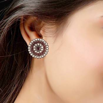 Silver Oxidized Kundan Studded Meena Work Designer Circular Stud Earrings for   3