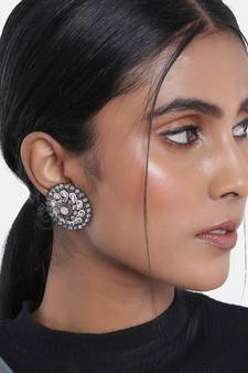 Silver Oxidized Kundan Studded Meena Work Designer Circular Stud Earrings for  (E2937ZPi)