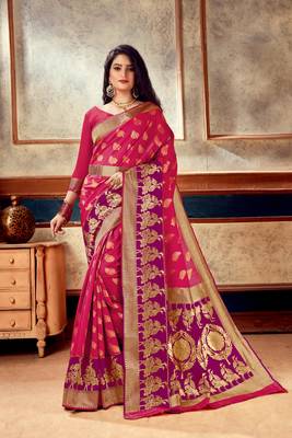 GAJRI PINK  RICH art silk saree AND HEAVY RICH PALLU WITH BLOUSE WITH BELT 1