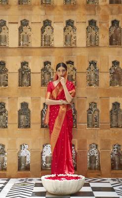 Red woven silk saree with blouse 3