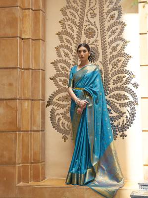Blue woven silk saree with blouse 1