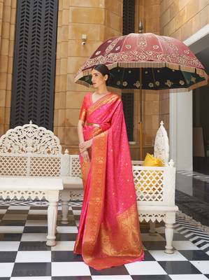 Pink woven silk saree with blouse 1