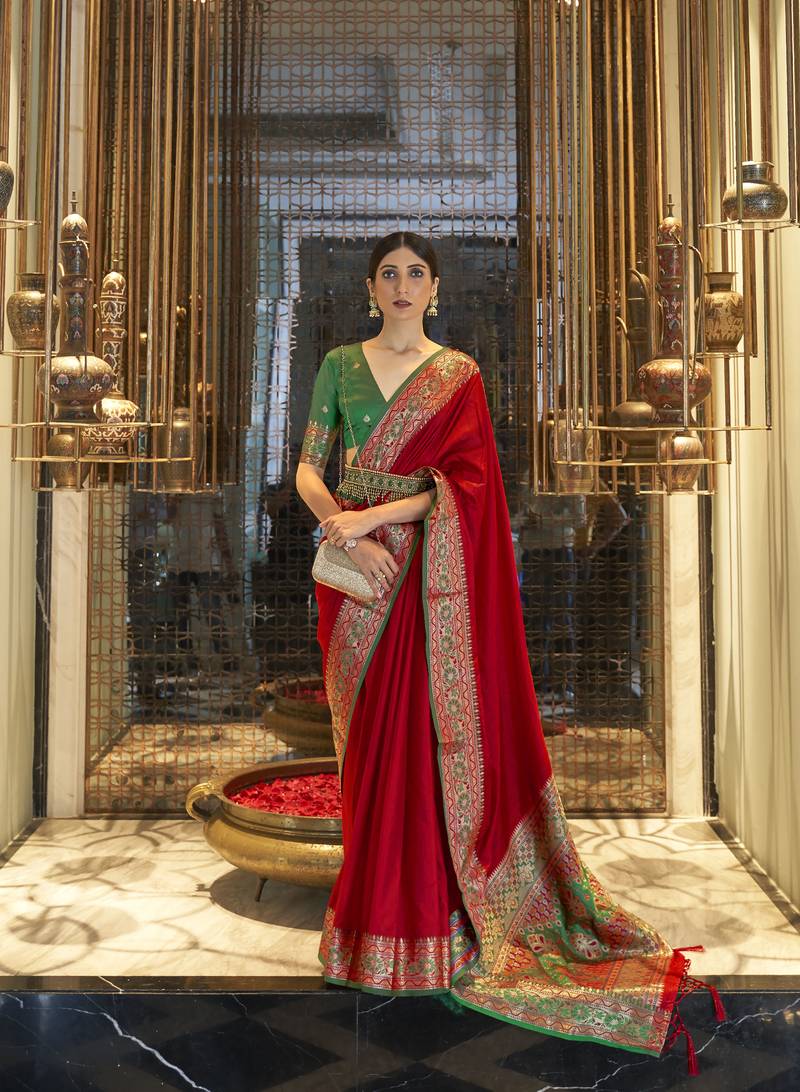 Red woven silk saree with blouse