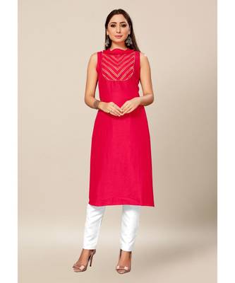 Pink Colour Dola Silk Plain Sleeveless Close Neck Stitch Kurtis 1