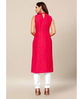 Pink Colour Dola Silk Plain Sleeveless Close Neck Stitch Kurtis 2