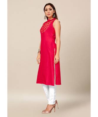 Pink Colour Dola Silk Plain Sleeveless Close Neck Stitch Kurtis 3