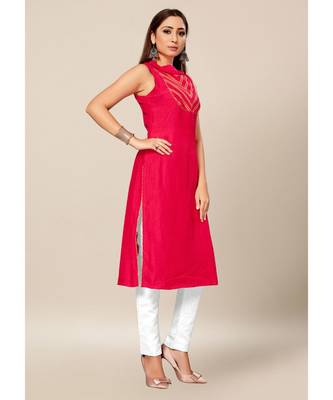 Pink Colour Dola Silk Plain Sleeveless Close Neck Stitch Kurtis 4