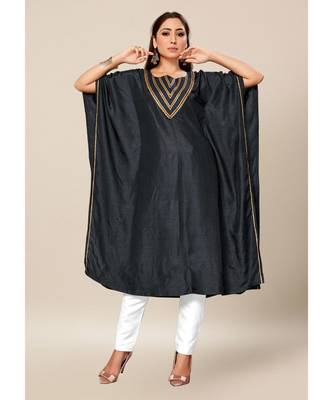 Black Colour Dola Silk Plain free Style Round Neck Stitch Kaaftan 1