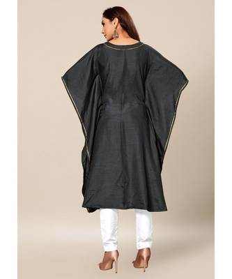 Black Colour Dola Silk Plain free Style Round Neck Stitch Kaaftan 2