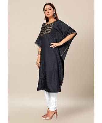 Black Colour Dola Silk Plain free Style Round Neck Stitch Kaaftan 3